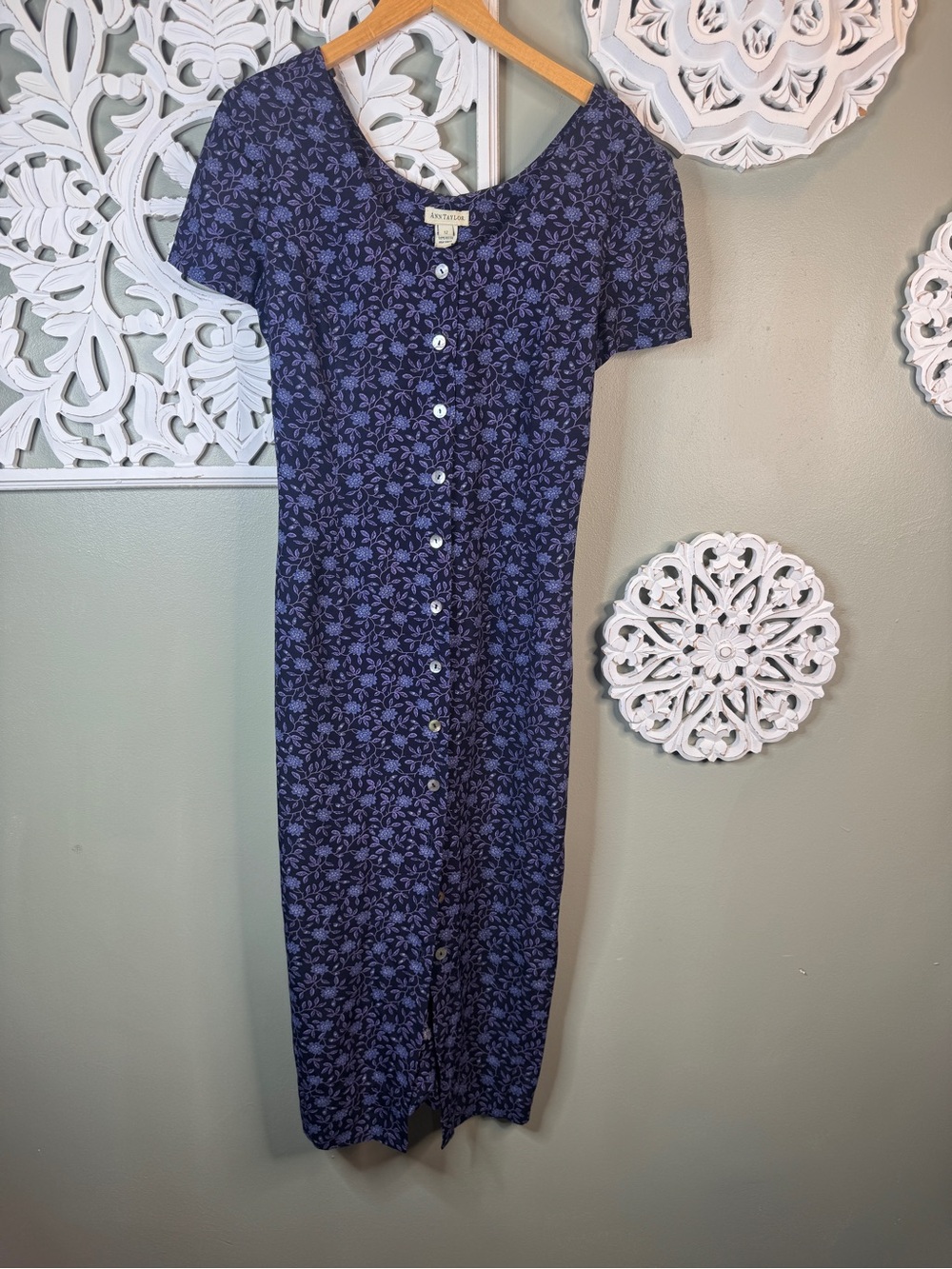 Vintage Ann Taylor Button-Front Navy Floral Midi Dress Grunge Corset Back sz 12